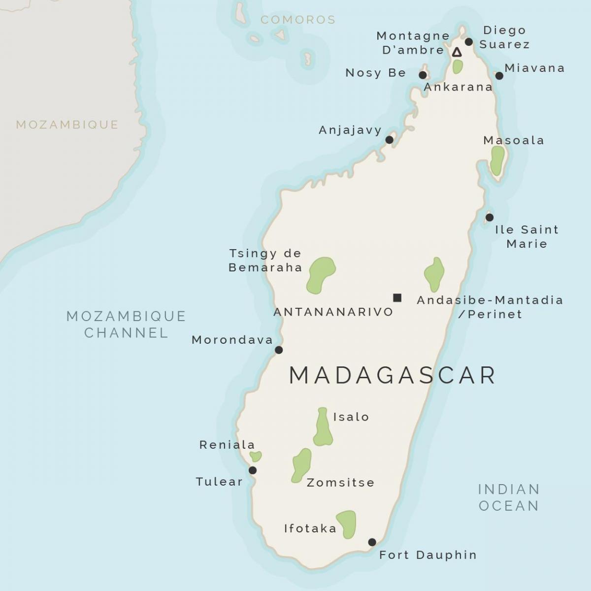 Madagaskar haritası ve adaları çevreleyen 