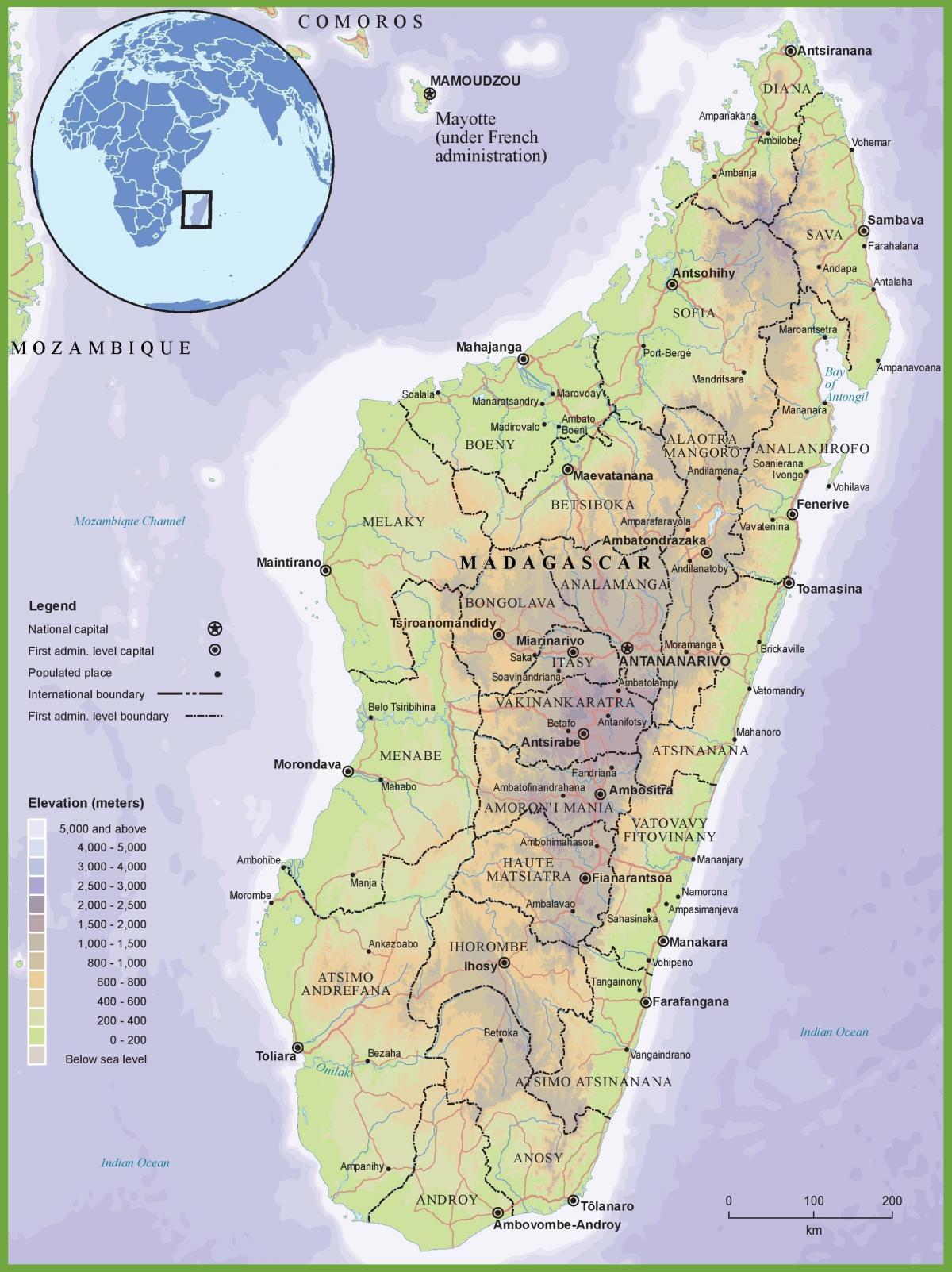 Madagaskar haritası fiziki harita 